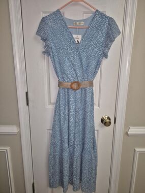 Genhoo Midi Dress Women S Blue Animal Print Flutter Sleeve V-Neck Belted Boho